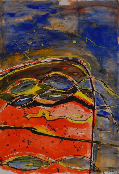 Abstrakte Malerei mit Farben in Rot, Blau und Gelb, dynamischen Linien und Formen.
