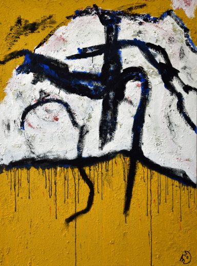 Abstrakte Kunst mit schwarzen und weißen Formen auf gelbem Hintergrund.