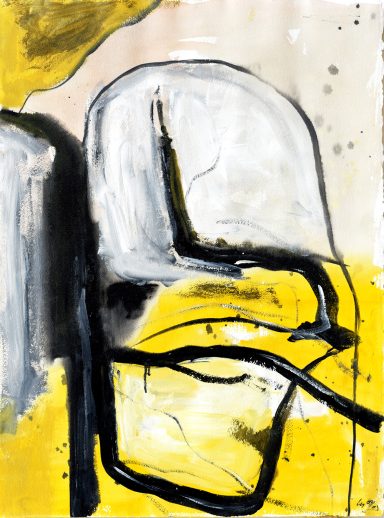 Abstrakte Darstellung eines Stuhls in Schwarz, Grau und Gelb.