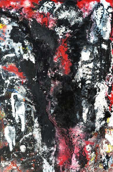 Abstrakte Malerei mit Schwarz, Rot und Weiß, die dynamische Texturen und Formen zeigt.