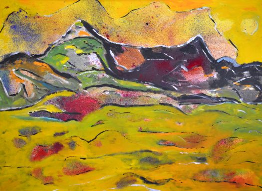 Bunte Landschaft mit Bergen und gelbem Himmel, abstrakte Formen und lebendige Farben.