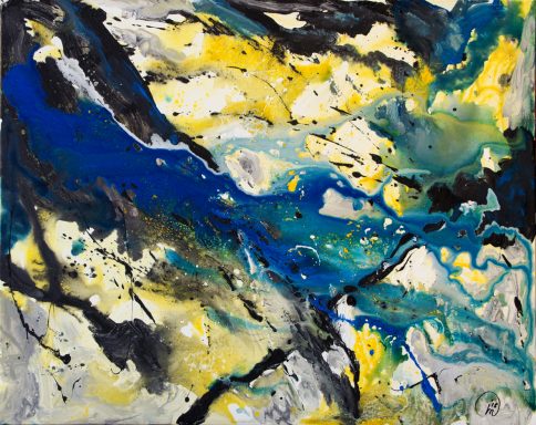 Abstrakte Malerei mit blauen, gelben und schwarzen Farbtönen in dynamischen Linien und Mustern.