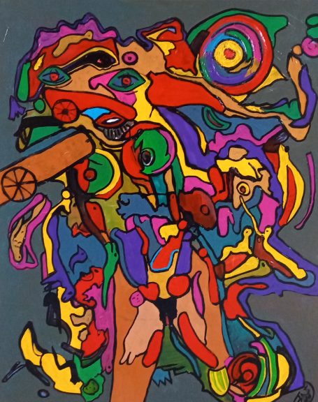 Bunte, abstrakte Formen und Figuren, die lebendige Farben und dynamische Linien zeigen.