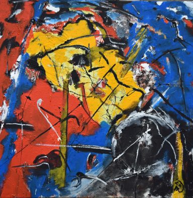 Abstraktes Kunstwerk mit lebhaften Farben in Rot, Blau, Gelb und Schwarz, dynamische Formen.