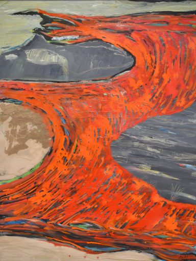 Abstrakte Landschaft mit kräftigen roten und grauen Farbströmen.