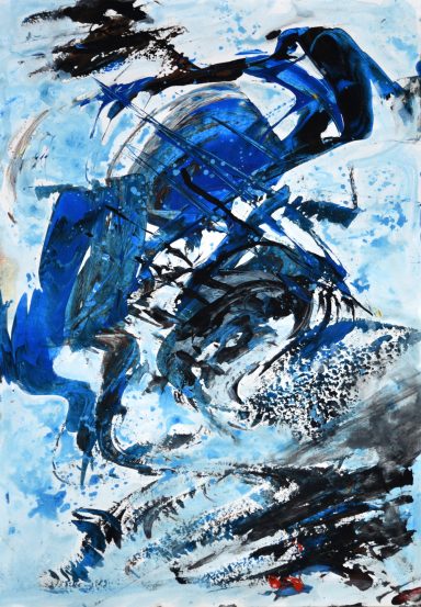 Abstrakte Malerei mit dominierenden Blau- und Schwarztönen, dynamischen Strichführungen.